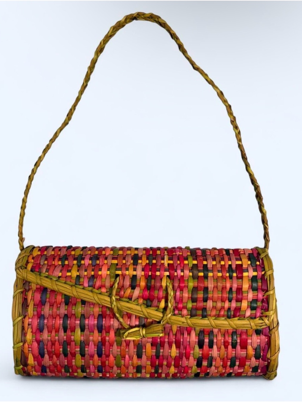 Vintage Multicolor Woven Straw Clutch Bag Boho Rattan Purse Measurements 8.5x4.5